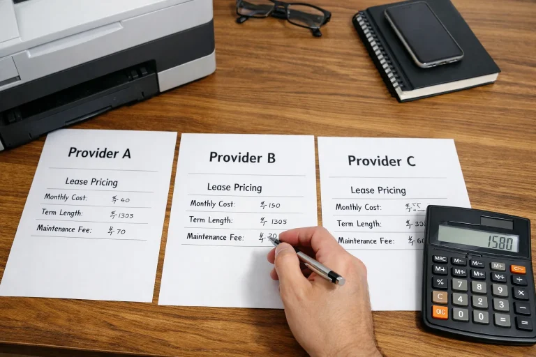 A professional in Boise comparing copier lease pricing quotes from three different providers including monthly costs and maintenance fees.